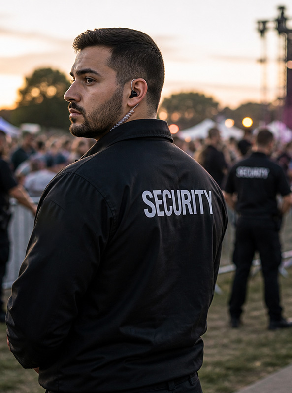 Event security team managing crowd control at outdoor event in Adelaide with visible security presence and entry control